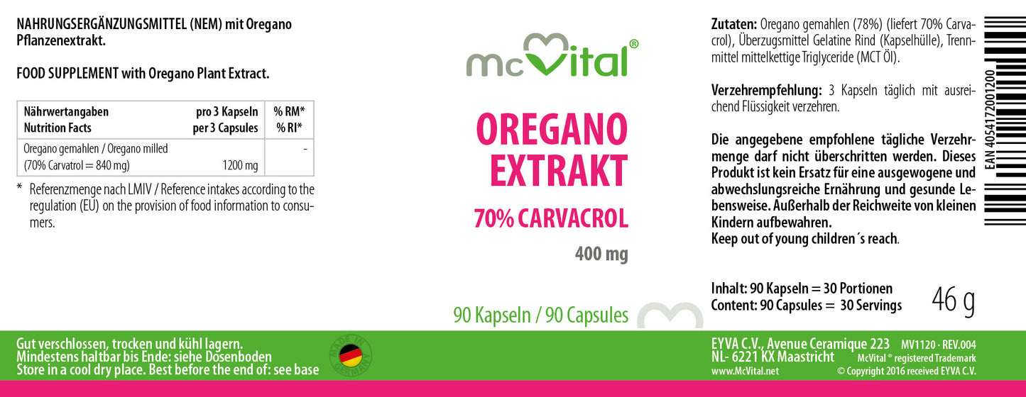 Oregano Extrakt - 70% Carvacrol -  400 mg - 90 Kapseln